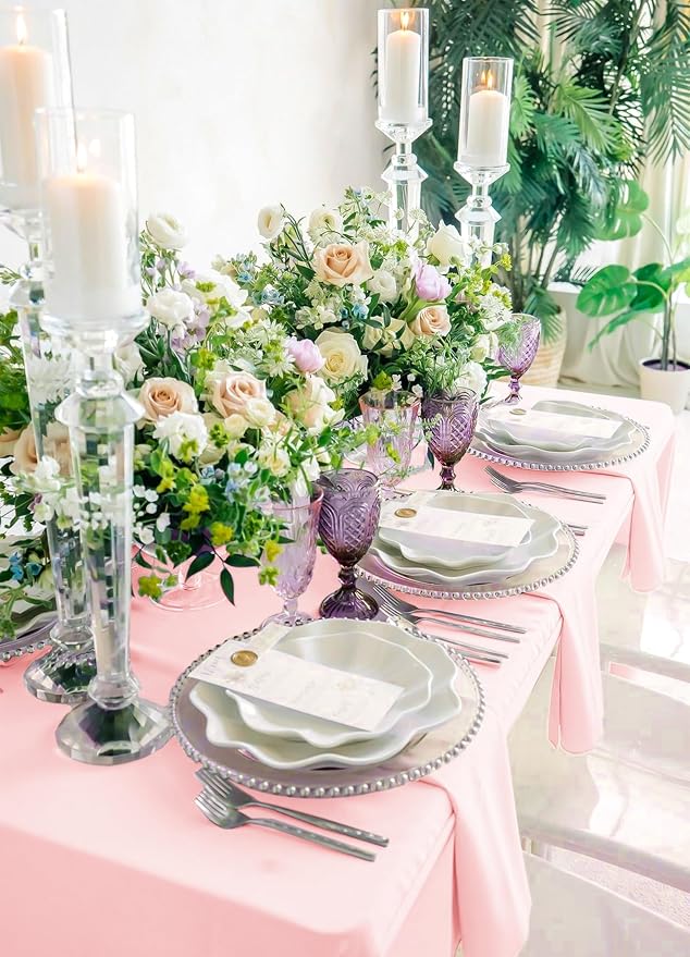 12 Pack Pink Tablecloths for Rectangle Tables 60 x 126 Inch Pink Polyester Tablecloth 8 Foot Rectangle Table Cloth Washable Fabric Table Cover for Party Wedding Banquet Restaurant Events