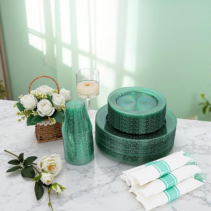 DaYammi 350 Pieces Green Glitter Dinnerware Set 50 Guest for Party St Patricks Day Plates - 50 Dinner Plates, 50 Dessert Plates - 50 Per Rolled Napkins with Green Cutlery - 50 Disposable Cups 9 OZ