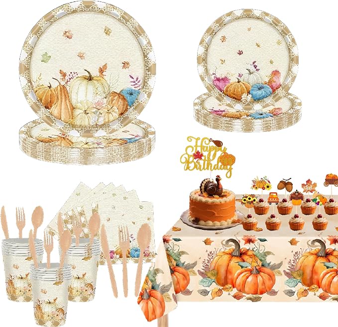 Thanksgiving Themed Happy Birthday Decoration，Happy Birthday Banner, Hanging Swirls, Latex Balloons, Cake Toppers, Disposable Tableware Set, Backdrop & Tablecloth for Kids Adults Birthday Party Decors