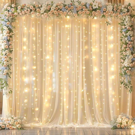 10x10ft Champagne Backdrop Curtain with Lights String for Wedding Sheer Tulle Chiffon Curtain Photo Backdrops Drapes for Baby Shower Birthday Party Home Ceremony Decorations