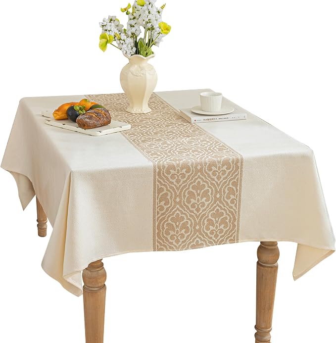 Nordic Beige Round Tablecloth, Premium Drape, Water & Stain Resistant, Elegant Rectangle Table Cover for Dining, Kitchen, Party, Home Decor