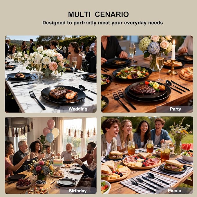 Tinybee 150PCS Black Plastic Silverware - Heavy Duty Disposable Silverware, Luxury Black Plastic Utensils - Elegant Disposable Utensil Include 50 Knives,50 Forks,50 Spoons for Party&Wedding
