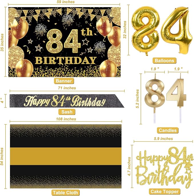 84th Birthday Decorations Men Women with 84th Birthday Banner, Black and Gold Table Cloth, Number Balloons, Large Sash, Cake Topper and Candles