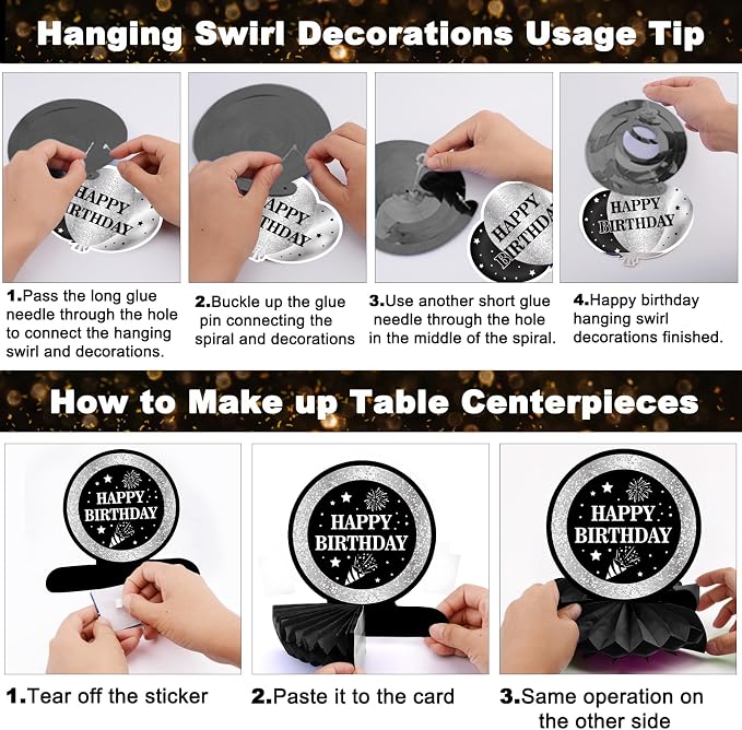 Black and Silver Birthday Decorations, BIack Birthday Decoretions for Men Women Boys Girls with Black Happy Birthday Banner Tablecloth Backdrop Balloons Arch Garland Kit Decorations Party Supplies
