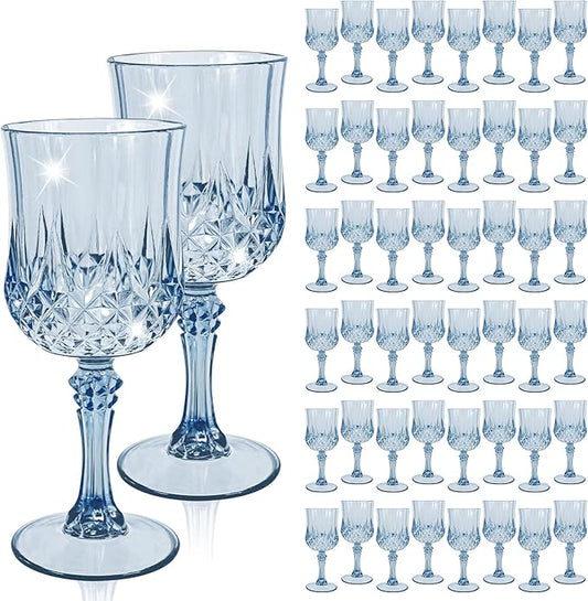 48 Pcs Blue Plastic Wine Glasses, Plastic Goblets for Parties, Vintage Wine Glasses Bulk, Reusable Drinking Glass, Drinkware Cups for Wedding Party Reception Event Supplies