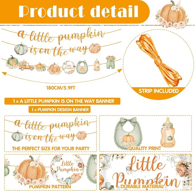 405 Pcs Little Pumpkin Baby Shower Party Decorations Thanksgiving Fall Little Pumpkin Decoration Baby Shower Plates and Napkins Supplies Include Tablecloth Banner Cups for 50 Guests Autumn