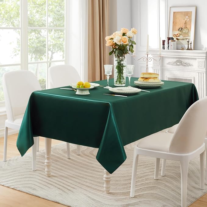 1 Pack Satin Table Cover Silkly Soft Table Cloth, Satin Dining Table Cloths for Wedding Banquet Table Decoration, Dining Room, Indoor and Outdoor Use, 60 x 84 Inches, Blackish Green