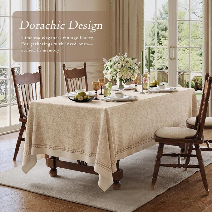 Beige Thick Linen Tablecloth for Rectangle Tables, Waterproof Wipeable Decorative Table Cover for Dining Kitchen Indoor Outdoor, 63" x 91", 6-8 Seats