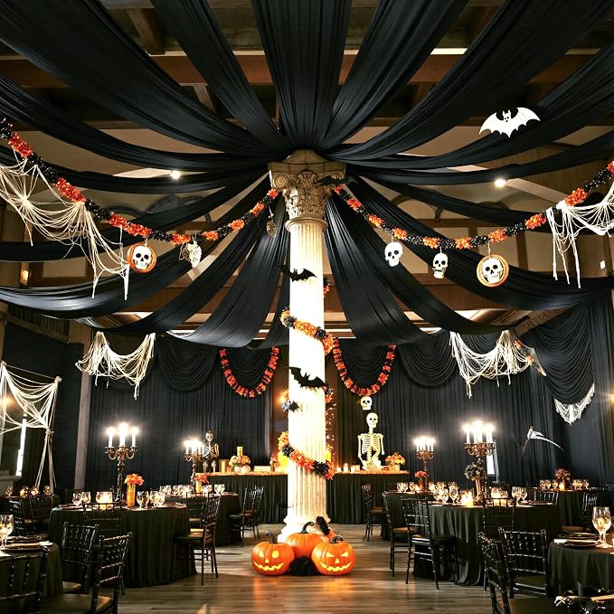 50ftx40ft Black Ceiling Curtain for Wedding Parties – 10 Panels Wrinkle-Free 40 FT Long Tent Draping Curtains for Wedding, Birthday & Theme Parties, 40ft Height with Rod Pocket