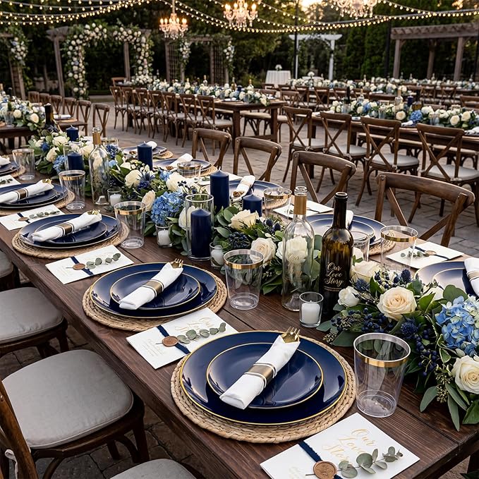 KIRE 350Pcs Blue and Gold Plates -Heavy Duty Navy Blue Dinnerware Set - 100 Plastic Plates 50 Pre Rolled Napkins with Gold Plastic Silverware 50 Cups for Birthday/Wedding/Parties/Graduation