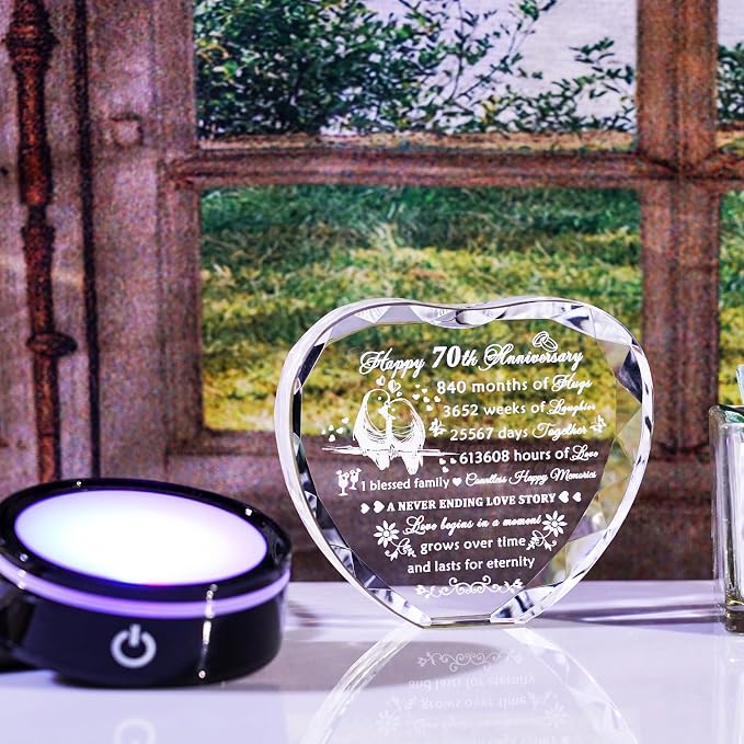 YWHL 70th Wedding Anniversary Crystal Gift For Couple Parents With LED Base, 70th Anniversary Heart Keepsake For Wife, Husband, Grandparents, Laser Engraved 70 Years Of Marriage Gift For Her, Him