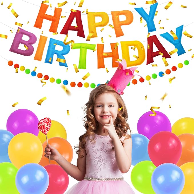 2 PCS Pre-Strung 3D Felt Happy Birthday Banner - Reusable Rainbow Happy Birthday Decorations Sign, Felt Ball Garland, Pom Pom Garland, Party Decor, Photo Prop（Retro Cartoon Color Scheme）