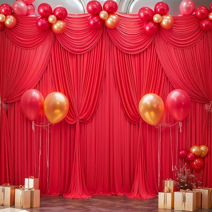 Red Backdrop Curtains 4 Panels-Wrinkle-Free Polyester Photography Drapes Party Photo Backgrounds for Wedding Christmas Photo Backdrops- 16 X10FT (Red)