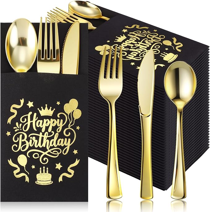 LemonRoad 50 Sets Happy Birthday Plastic Silverware Black and Gold Disposable Prefolded Cutlery Includes Forks Knives Spoons Linen Paper Napkin Tableware for 40th 50th 60th Birthday Party Decorations