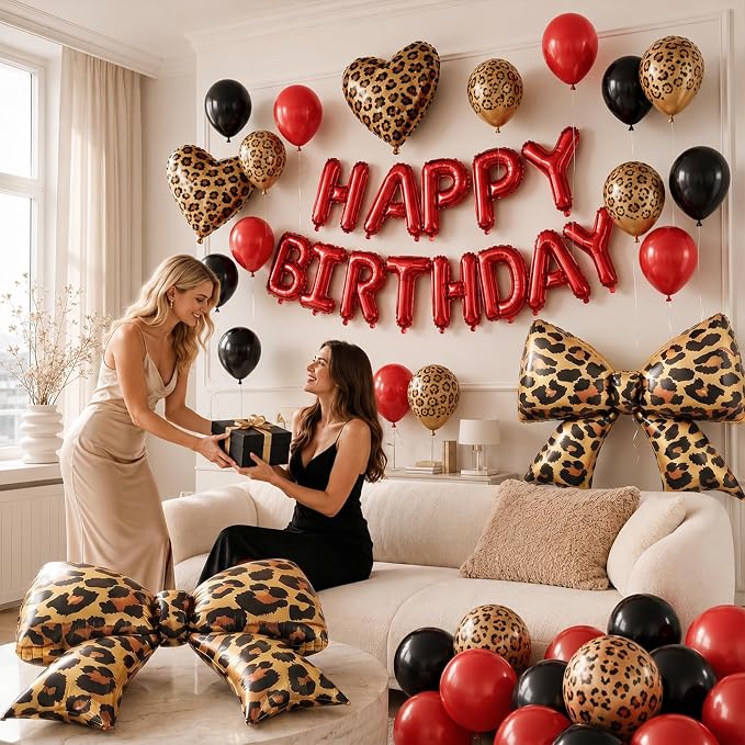 Red and Black Cheetah Print Birthday Decorations Black Dark Red Leopard Print Latex Balloons 16 18 32 In Happy Birthday Foil Balloon Banner Bow Heart Balloons for Girls Women Bday Party Decor