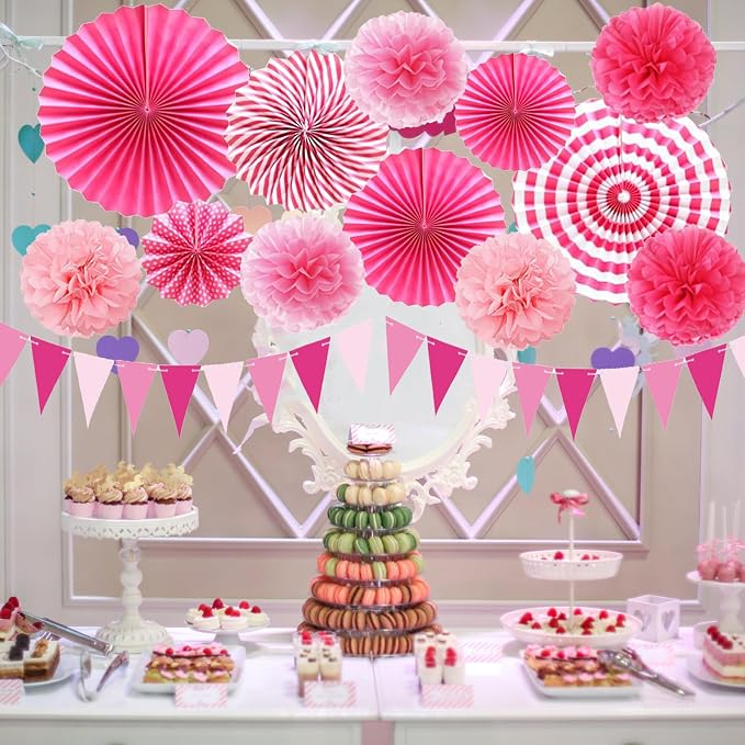Hotpink Party Decorations Pink Girls Paper Fan Birthday Baby Shower Tissue Pom Poms Streamers Bachelorette Party Supplies Tassel Garland Banner Wedding Decor