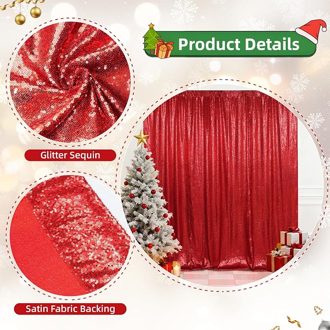 SquarePie 20x10ft Red Sequin Backdrop for Photography, Satin-Backed Real Sequin Curtain, Enhanced Coverage Shimmering Background with 4" Rod Pocket for Wedding, Birthday, Party Decor, 1 Panel