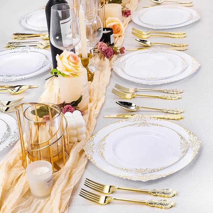 Bestluck 200 PCS White and Gold Plastic Plates for 100 Guests, Gold Disposable Plates Include 100 PCS Dinner Plates, 100 PCS Dessert Plates for Party, Wedding and Graduation