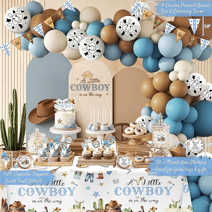 Cowboy Baby Shower Decorations for Boy, A Little Cowboy is on the Way Party Supplies, Western Rodeo Baby Shower Decor, It's a Boy Gender Reveal, Balloon Box Banner Backdrop Stickers Sash Cake Topper