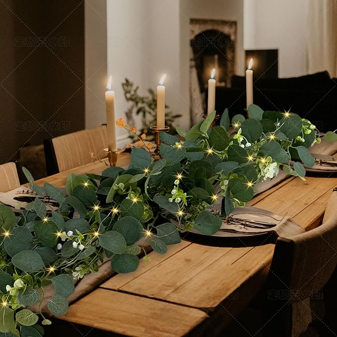 Eucalyptus Garland with Lights, 2 Packs 6FT Green Flower Garland Decor, Artificial Faux Eucalyptus Leaves Greenery Vines for Table Runner Wedding Centerpieces Backdrop Decorations (Warm Color)