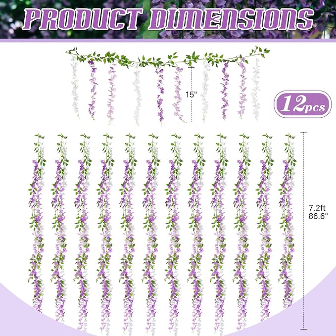 Thiccywoov 12pcs Wisteria Artificial Flowers Garland, 7.2Ft/Piece Wisteria Hanging Flowers Garland for Wedding Arch Decoration Outdoor Ceremony Home Backdrop Garden (Purple,Light Purple,White)