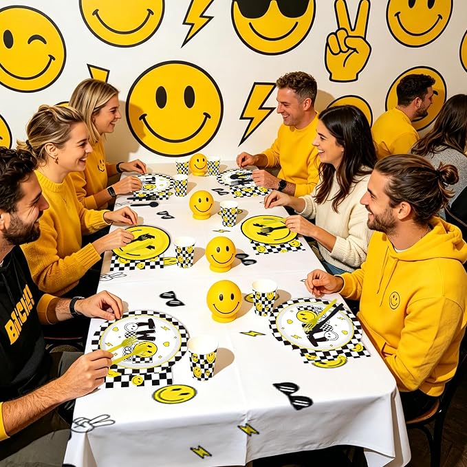 170Pcs Two Cool Birthday Party Supplies Yellow Smile Face Party Plates Napkins Cups Forks Knives Tablecloths Checkered Smile Face 2nd Tableware Set for 2nd Birthday Baby Shower Decorations Serves 24