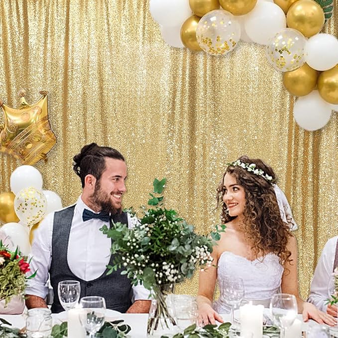 PartyDelight Light Gold Sequin Backdrop 8x8ft 4 Inch Rod Pocket | Dense 3mm light gold sequins on mesh backing with 4 inch rod pocket for group photos wedding walls stages and banquet focal