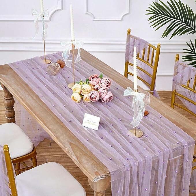 Sheer Gauze Pearl Table Runner Tulle Fabric: 10ft Seasonal Dessert Chiffon Pearl Lace Boho Overlay Wedding Veil Outdoor Wedding Aisle Runner Party Decorations Doilies Grayish Purple