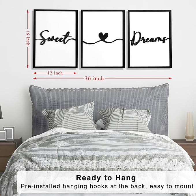 3D Wood Sweet Dreams Wall Decor Above Bed Decors, Bedroom Wall Art 36x16”, Black Wall Decor for Bedroom (12x16 inches, Set of 3, Framed)