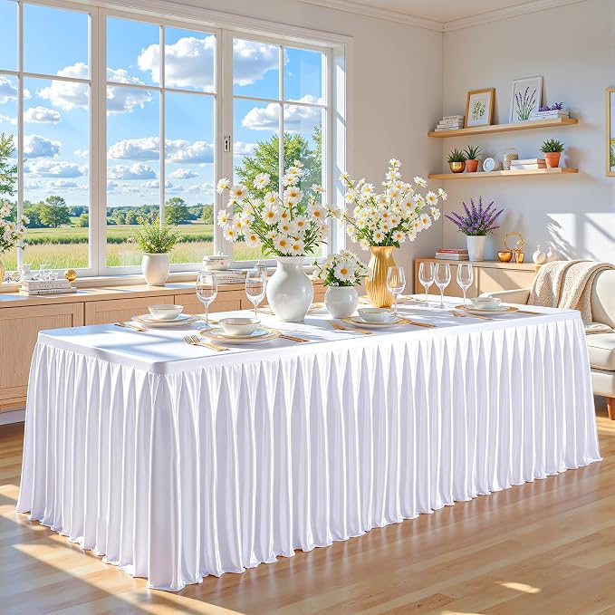 Wish Care 8 Pack Satin Table Cover Skirts for 6ft Rectangular Tables, White Shimmer Silk Tablecloth with Floor Length Ruffle for Wedding Banquet Party Buffet Decoration