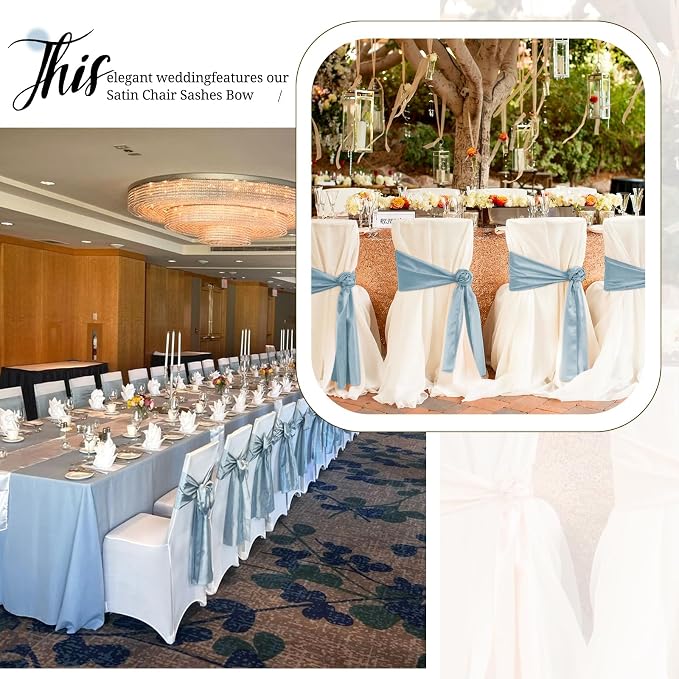 Pesonlook 120 PCS Dusty Blue Satin Chair Sashes Bows Satin Chair Sashes Universal Chair Cover for Wedding Reception Restaurant Event Decoration Banquet,Party,Hotel Event Decorations (7 x 108 inch)