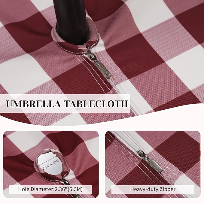 Poise3EHome Round Outdoor Tablecloth with Umbrella Hole and Zipper,Burgundy Gingham 60 Inch,SpillProof Washable Table Cloth for Spring Summer Patio Garden Poolside Picnic Camping BBQS