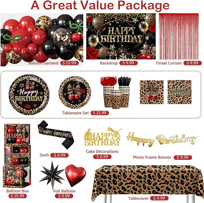 Cocomigo 261pcs Cheetah Print Birthday Decorations, One-stop Set for 25 People, Includes 350gsm Plates Pre‑threaded Banner Backdrop and Tablecloths, Cheetah and Cherry Birthday Decorations for Female
