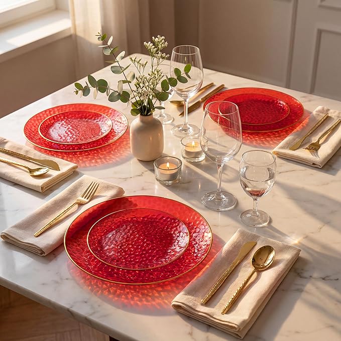 I00000 150Pcs Red Plastic Plates with Gold Rim,Fancy Plastic Plates,Red hammer patterned Disposable plates Set include 30 Dinner Plate,30 Dessert Plate,90 plastic Silverware Set for Valentine's Day