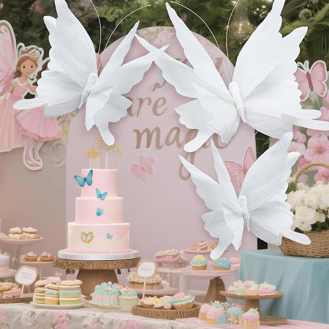 3 Pcs 3D Large Hanging Butterfly Decorations Large Butterfly Birthday Party Decorations 3D Crepe Paper Decoration for Wedding Party Birthday Baby Shower Garden(White,11inch,20 Inch)