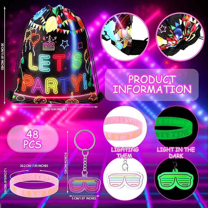 Talltalk 48 Pcs Glow in Dark Party Favor Bulk Neon Party Birthday Decoration Set Toys 16 Let's Glow Drawstring Backpack Goodie Bag Snack Treat Bag 16 Bracelet 16 Light Keychain for Neon Supplies Decor