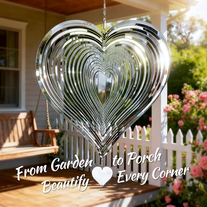 Wind Spinner 12-Inch Outdoor Decoration Gift for Mom | Hanging Yard Art, Garden Decoration for Outdoor and Indoor, Gift for Grandma and Women, 3D Heart, Stainless Steel, 1 Pack