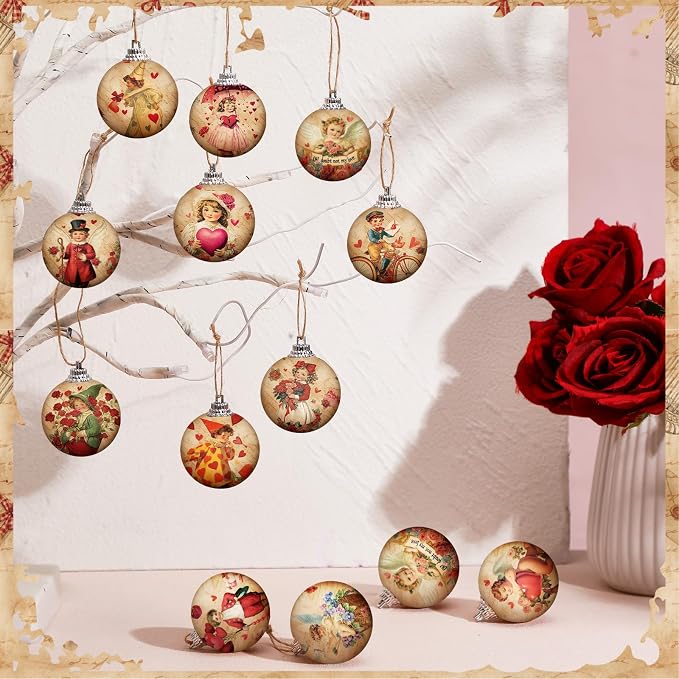 Outus 24 Pcs Valentine's Day Tree Ornaments Ball Vintage Happy Valentine's Day Decorations for Tree Red and Pink Love Kisses Xoxo Pattern Hanging Ornaments Home Farmhouse Holiday Fireplace Party Decor