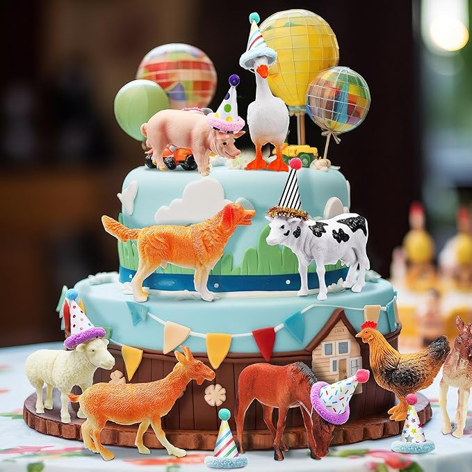 Colingmill 18 Pcs Farm Animal Birthday Party Decorations Mini Birthday Hat Animal Figure Model Cake Toppers with Mini Hat for Birthday Party, Animals Themed Party