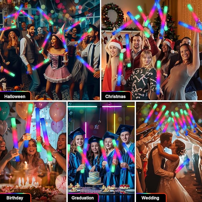 wellent 225 Foam Glow Sticks, Foam Light Up Sticks Party Supplies with 3 Mode Colorful Flashing, Glow Sticks Bulk Party Pack, Led Foam Sticks for Birthday, Wedding, New Year, Carnival, Concert