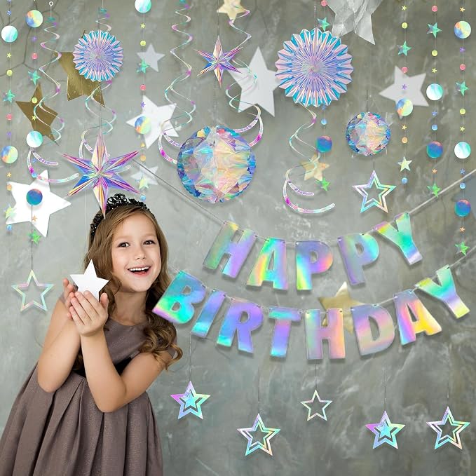 Knitgrip 23 Pcs Iridescent Birthday Party Decorations Disco Sparkly Decorations Holographic Party with Mermaid Happy Birthday Banner Hanging Honeycomb Ball Paper Fan Snowflake Star