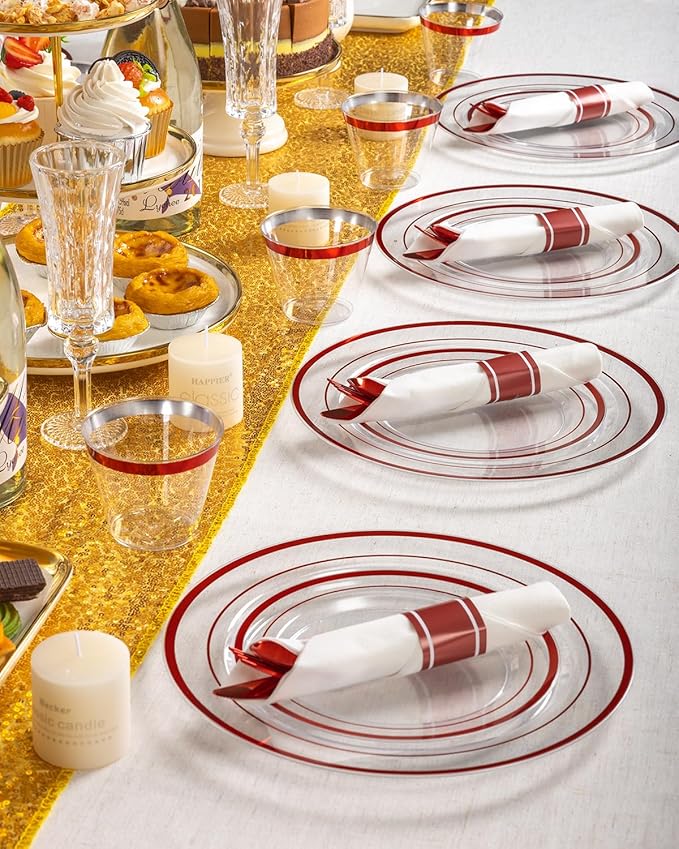 Goodluck 700 Pcs Red Plates and Napkins Party Supplies, Clear Plastic Plate | Include 200 Plates, 100 Pre Rolled Napkins with Silverware, 100 Cups for 100 Guests for Party, Christmas, Graduation, Wedding