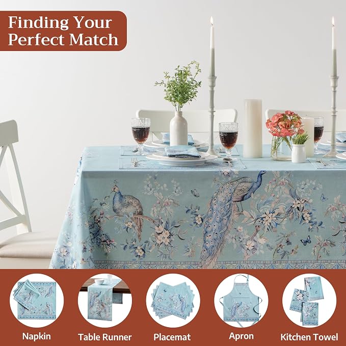 Maison d' Hermine Premium Table Cloth Rectangle Table 100% Combed Cotton 108 x 70 Inches Tablecloth Reusable Decorative for Dining Room Home Party Festive Wedding - Peacock Utopia - Pastel Turquoise