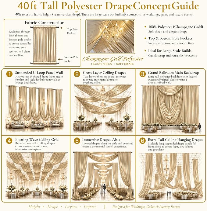 50ftx40ft Champagne Gold Ceiling Curtain for Wedding Parties – 10 Panels Wrinkle-Free 40 FT Long Tent Draping Curtains for Wedding, Birthday & Theme Parties, 40ft Height with Rod Pocket