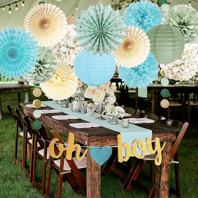 Sage Green Blue Baby Shower Decorations for Boy Oh Boy Banner Tissue Paper Pom Poms Flowers Paper Fans Circle Dot Garland Neutral Party Supplies Baby Boy Gender Reveal Birthday Party Decorations