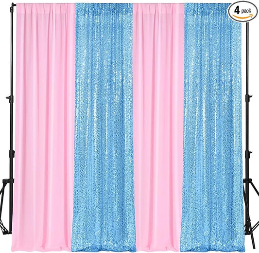 VitalCozy 4 Panels Backdrop Curtains 2 Pcs 4 x 10 ft Sequin Glitter 2 Pcs 7 x 10 ft Chiffon Photo Background Curtains for Graduation Wedding Birthday Party Decorations(Pink, Light Blue)