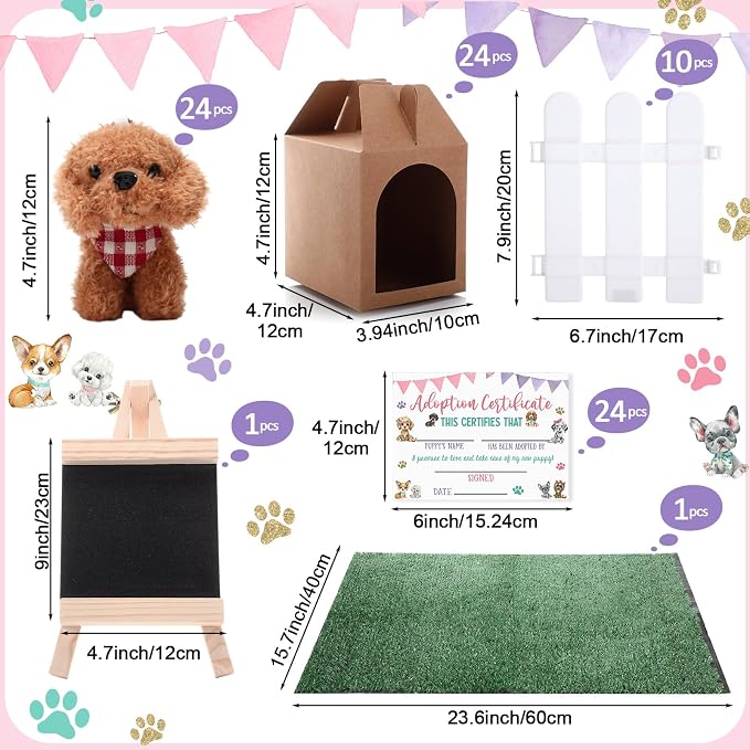 Blueweenly 84 Pcs Adopt a Pet Party Supplies 24 Mini Animals 10 White Plastic Fence 24 Paper Gift Boxes 24 Adoption Cards with Mini Chalkboard and Artificial Lawn(Dog)