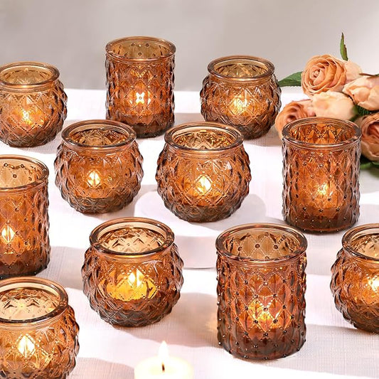 DARJEN Amber Votive Candle Holders Set of 24- Round Candle Holders Bulk, Glass Candle Holder for Vintage Decoration, Tea Lights Candle Holders for Wedding Home Party & Gift