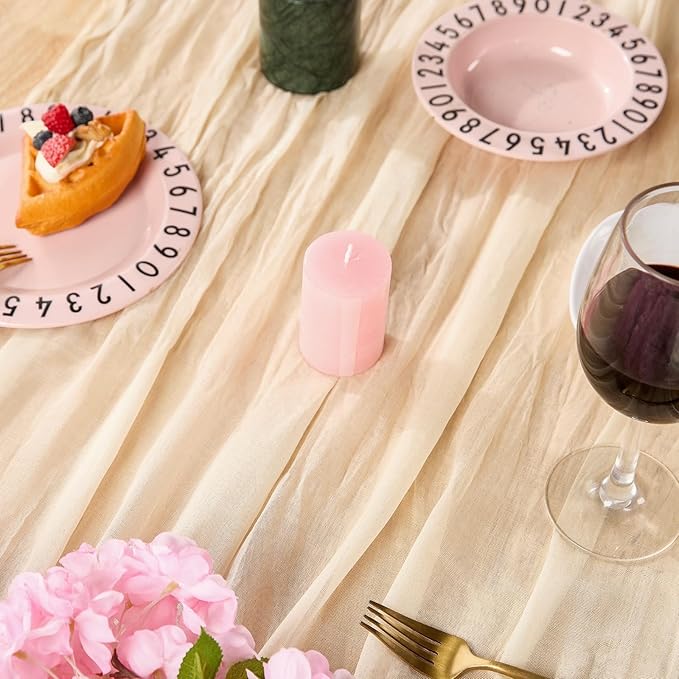 10 Pack Beige Spring Table Runner Boho Cheesecloth Table Runners Bulk 10 ft Crinkled Gauze Sheer Mother's Day Table Centerpieces for Wedding Ceremony Anniversary Bridal Baby Shower Banquet