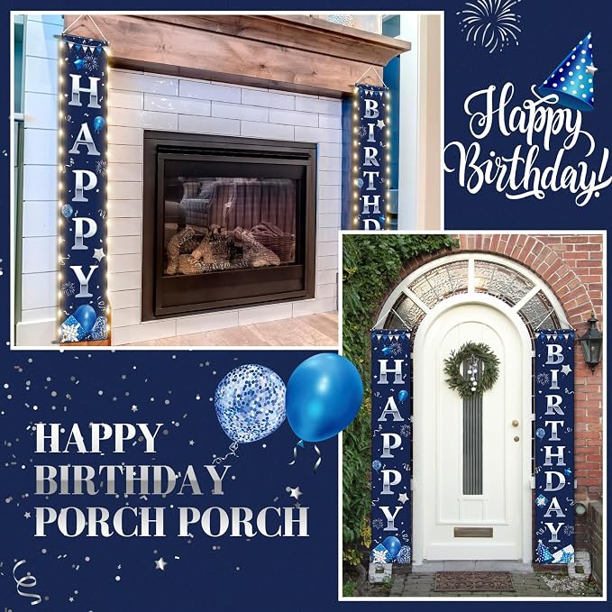 Breling Happy Birthday Banner with Lights 71 x 12 Inch LED Happy Birthday Decoration Door Banner Party Porch Sign Outdoor Indoor Hanging Supplies for Women Men(Blue Silver)
